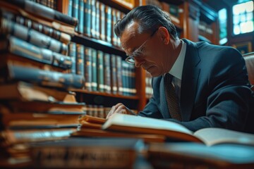 Wall Mural - A man in a suit is sitting at a desk with a stack of books in front of him