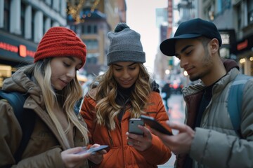 young American woman with two friends using smartphone on street, social media concept