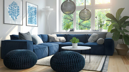 Near the dark blue corner sofa are two knitted pouffes. Modern living room interior design in a Scandinavian home.