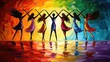 Abstract painting of stylized dancing figures against a rainbow backdrop.