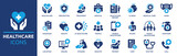 Fototapeta Panele - Healthcare icon set. Containing treatment, prevention, medical, health, diagnosis, report, illness, injury and more. Solid vector icons collection. 