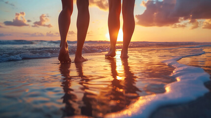 Pair of beautiful woman feet walking on beach at evening, sun over the horizon with golden yellow color, waves touching feet with small bubble, close up portrait