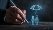 © Photock Agency - Businessman hand drawing an umbrella above a family concept for protection, security, finance and insurance