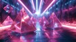 3D render of glowing neon tetrahedrons suspended in a surreal environment