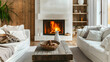 Two white couches next to a fireplace. Interior design of a modern living room in a country style home