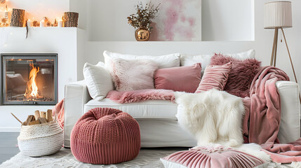 Wall Mural - White sofa next to fireplace with pink pillows and blankets made of wool and fur. Modern living room interior design with a touch of Scandinavian hygge