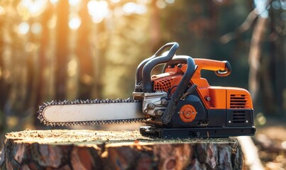 Wall Mural - chainsaw on a stump, depicting deforestation, forestry work or tree-cutting activities and equipment usage