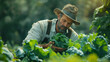 Dedicated man, embodying the role of a gardener, is deeply engrossed in his agricultural tasks, all while gently cradling one of his freshly harvested organic vegetables