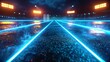 A 3D render of glowing neon cricket field of royal blue and golden yellow