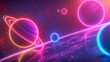 A 3D render of glowing neon planets