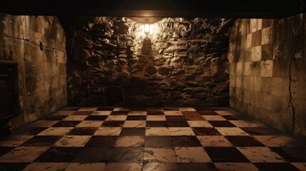 Sticker - Interior of a dark room with a stone wall.