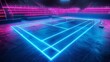 A mesmerizing 3D render of glowing neon tennis court
