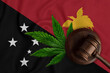 Gavel and hemp leaf on the Papua New Guinea flag background. The concept of legalization of marijuana in Papua New Guinea