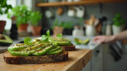 A slice of toasted bread topped with avocado and flakes in kitchen 