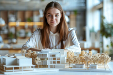 Wall Mural - Real estate development. girl businessman or architect showing new business office complex scale model