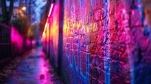 A Wall With Graffiti On It And A Neon Light In The Background