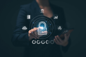 Poster - Cyber ​​security protection concept, personal data protection and financial transaction protection. Security lock technology protects personal information on smartphones.