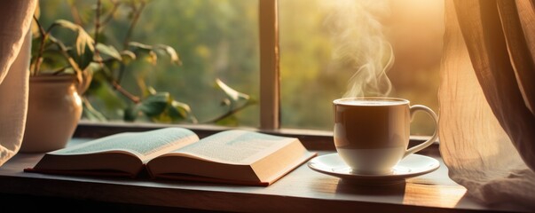 A picture of coffee on the desk under the window, a book spread out and curtains blowing in the wind.