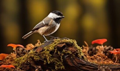 Wall Mural - Beautiful chickadee bird on amazing stump in beautiful forest.