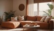 Boho interior design of modern living room, home. Clos up sofa with terra cotta and beige pillows.
