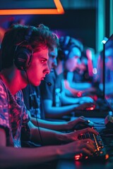 A group of young men are seated in front of computer monitors, engaged in various activities.
