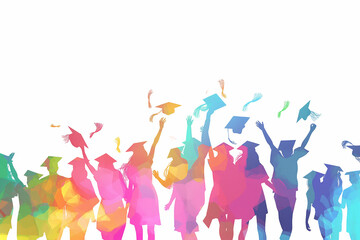 multicolored silhouettes of graduates who throw hats on a white background, graphics