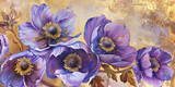 Fototapeta Mapy - Purple anemone blossom on gold background oil painting. Banner with beautiful spring flower.