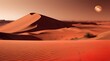 Sahara sunset casting warm hues over desert dunes and distant horizons, blending orange with the azure sky