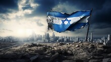 Israel Flag With Destroyed City 