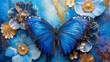 A mesmerizing blue butterfly with wings spread, complementing the golden floral elements in the background
