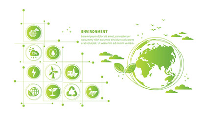 Wall Mural - World environment and sustainable development concept with ecology doodle icons in gear, vector environment, eco friendly, green technology and ecology symbols. isolated vector in flat style