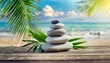 Coastal Calmness: Wooden Platform Featuring Stack of Pebble Stones and Palm Fronds - Spa Serenity