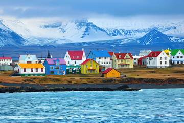 Poster - Scenic Icelandic landscape with town or village with colorful houses situated on the ocean coast in Iceland