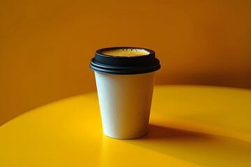 Wall Mural - a cup of coffee sitting on top of a yellow table next to a black lid on the top of the cup is a black lid on the top of the cup.