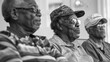Group of senior citizens in a candid black and white portrait.