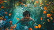 A youngster swimming in a calm stream approaches the camera while vibrant leaves gently lie on the water's surface.