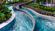 A water slide that flows into a cool pool and encourages splashing.
