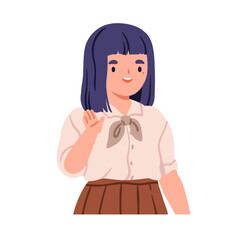 Poster - Cute happy Asian school girl waving hi with hand gesture. Smiling friendly kid greeting with joy. Child, schoolgirl character saying hello, bye. Flat vector illustration isolated on white background