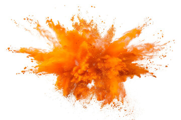 Orange color powder explosion splash with freeze isolated on background, abstract splatter of colored dust powder.