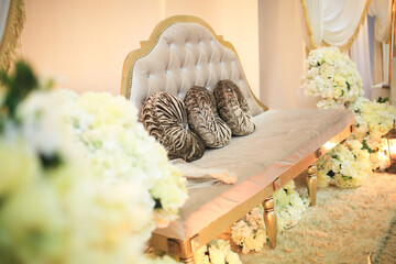 Wall Mural - Wedding stage, interior design, flowers for decoration, brown and yellow is the main color.