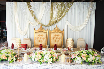 Wall Mural - Wedding catering decor. Wedding setup. Close up and selective focus image.