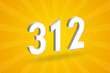 3D 312 number font alphabet. White 3D Number 312 with yellow background
