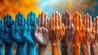 A group of people with different colored hands are raised in a row. The hands are of different colors, including blue, green, yellow, and red. Concept of unity and diversity