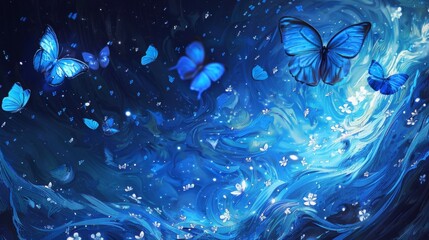 Wall Mural - minimalist starry night in a completely blue and vibrant universe with blue butterflies