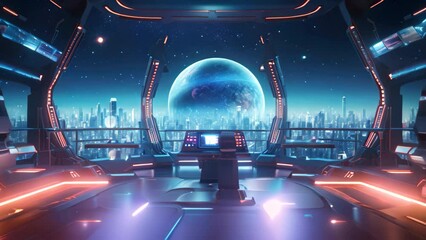 Poster - A futuristic space station showcasing a breathtaking view of the Earth, Space-age tech backdrop viewed from a spaceship, AI Generated