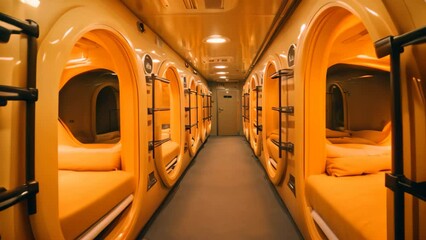 Poster - Interior of a train cabin with orange seats and cabins, A capsule hotel room in Tokyo with high tech amenities, AI Generated