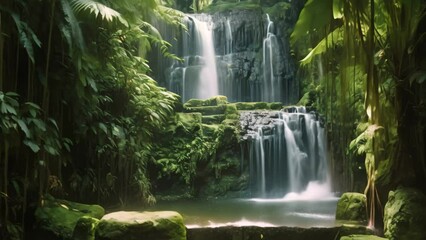 Canvas Print - Waterfall in the rain forest. Beautiful waterfall in the rainforest, A cascading waterfall inside a hidden rain forest, AI Generated