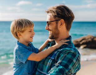 father child son fun family man boy happy together on sea coast happiness smiling cheerful togetherness 