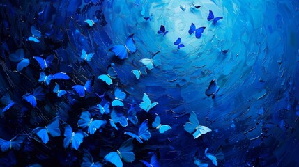 Wall Mural - minimalist starry night in a completely blue and vibrant universe with blue butterflies