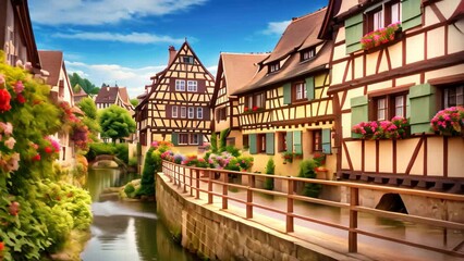 Canvas Print - Colorful half-timbered houses in Petite France, Strasbourg, Alsace, France, A charming, cobblestoned European village with bright, quaint houses, AI Generated